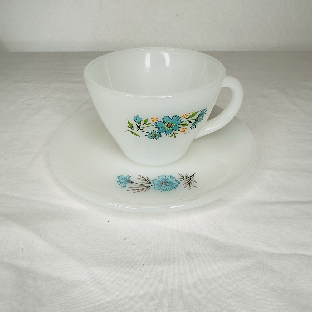 Anchor Hocking Fire King Milk Glass Cup and Saucer‎ Blue Floral Pattern